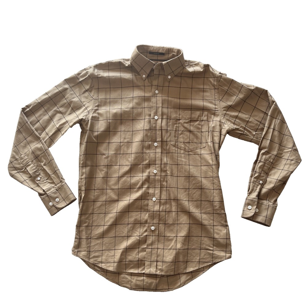 Land's End Men's Size S 14-14 1/2 Long Sleeve No Iron Twill Button Up Tan Check